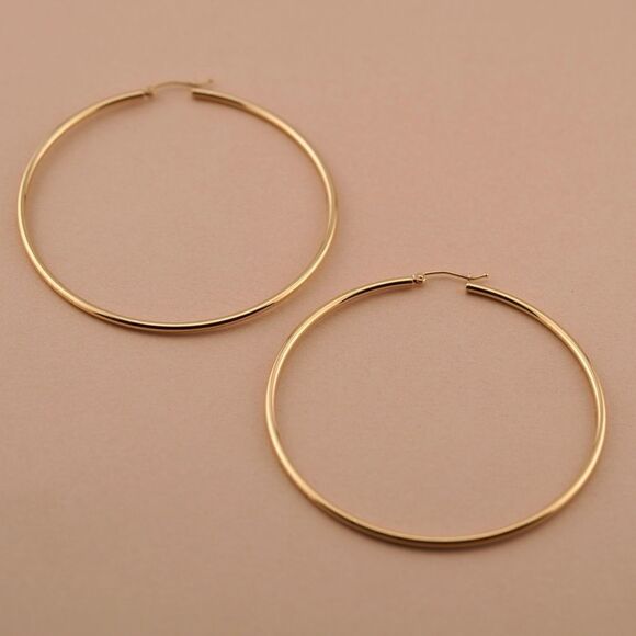 14k Real Gold Big Hoop Earrings | 2 mm thickness | 65 mm Diameter | Fine Jewelry - Picture 3 of 6